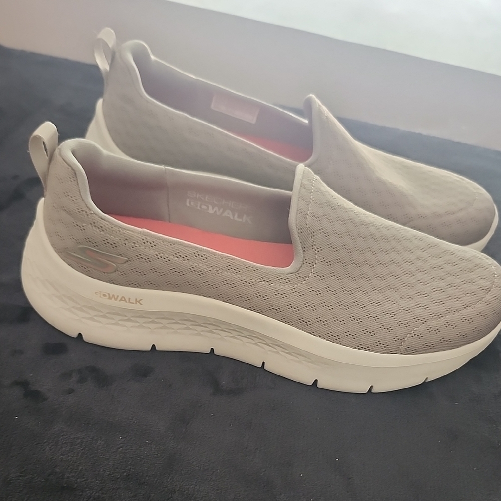 Skechers GOwalk Slip-On Knit Sneakers in Light Gray with Pink Insole